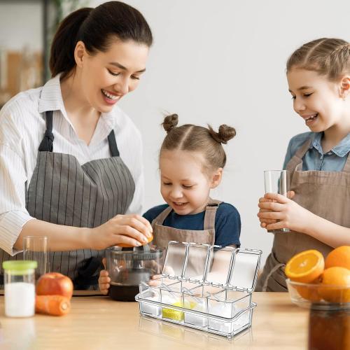 Bokon 4 Set Acrylic Clear Seasoning Box with Spoon, 16 Pcs Kitchen Seasoning Organizer Box Spice Pots Containers Condiment with Lids for Salt Candy Sugar Organizer, 10 x 4 x 3.3 Inch