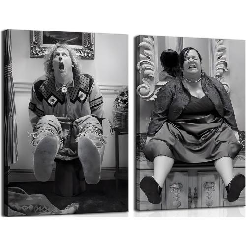 Funny Bathroom Canvas Wall Art Set of 2 - Black and White Vintage Humor Wall Decor, Dumb And Dumber Comedy Movies Posters for Toilet Bathroom Decor 12x16 inch Framed