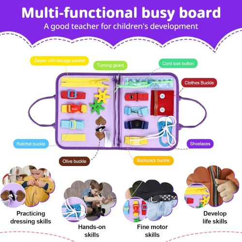 JHkim Busy Board Montessori Toys for Toddlers, Birthday Gifts for Girls, Autism Sensory Travel Toy, Educational Activity Busy Book, Preschool Learning Fine Motor Skills Toys,Purple