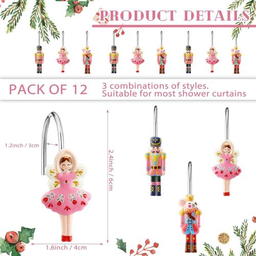 12 Pcs Christmas Nutcracker Shower Curtain Hooks Xmas Pink Nutcracker Shower Curtain Hooks Holiday Bathroom Rust Resistant Decor Rings for Winter Bathroom Bedroom Farmhouse Decorations