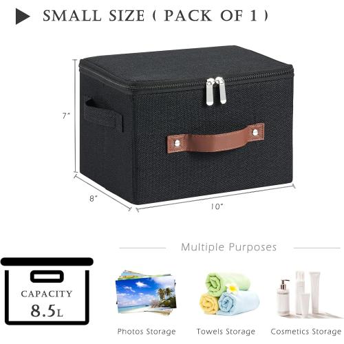 Storage Bins with Zipper Lid Cotton Linen Fabric Lidded Storage Baskets Boxes Foldable Washable Closet Shelf Clothes Organizer Container with PU Leather Handles (Black, Small Size)