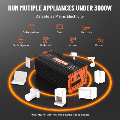 3000W Power Inverter 12V DC to 110V/120V AC Converter for RV/Truck/Boat/Camping/Off-Grid Solar Car Power Inverter Peak Power 6000W with 3 AC Outlets,USB & Type-C Port, Remote Controller & LCD Screen