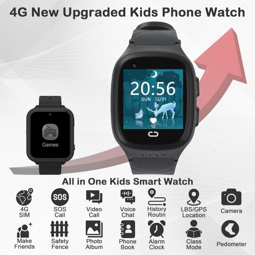 Color Black Kids Watch with GPS Tracker 4G Kids Cell Phone Watch for Boys 6-12 Kids Smart Watches Boys SOS Call Voice Chat Touch Screen Camera Alarm Clock Toys for Ages 5-7 Boys Gift(Black)