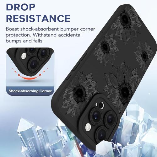 Black Flower for 16Pro Max OOK Floral Case for iPhone 16 Pro Max Case, Cute Sunflower Floral Blooms Design Soft TPU Shockproof Protective for Women Girls Phone Cover - Black Flower