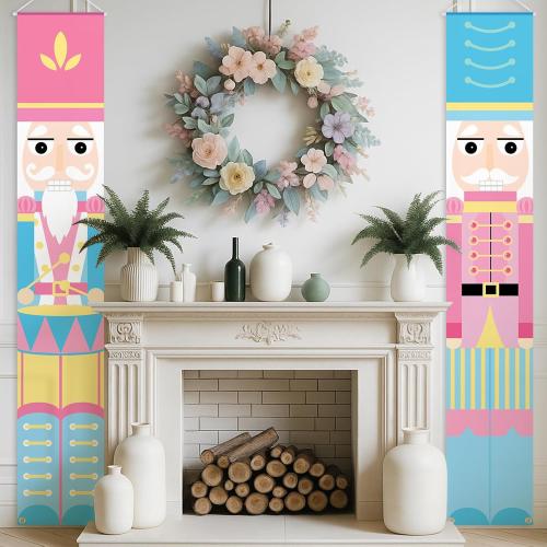 2 Pcs Nutcracker Christmas Porch Banner Decorations Pink Nutcracker Sign, Pastel Christmas Welcome Sign for Front Door 12 x 71 Candyland Xmas Door Hanging Banner Soldier Model Decor for Xmas