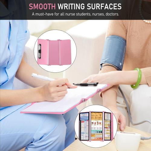 Nursing Clipboard Foldable, Foldable Clip Board w/Nursing Edition Cheat Charts, 3 Layers Aluminum, Nurse Plank w/Low Profile Clip&Pen Clip Pocket for Students, Nurses and Doctors, Pink