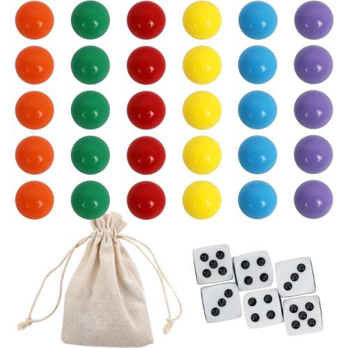 Large Size18MM 30 Wahoo Board Game Replacement Marbles 5 Each of 6 Colors 6 Dice and a Play Bag for Wahoo Board Game.(0.71 inches)