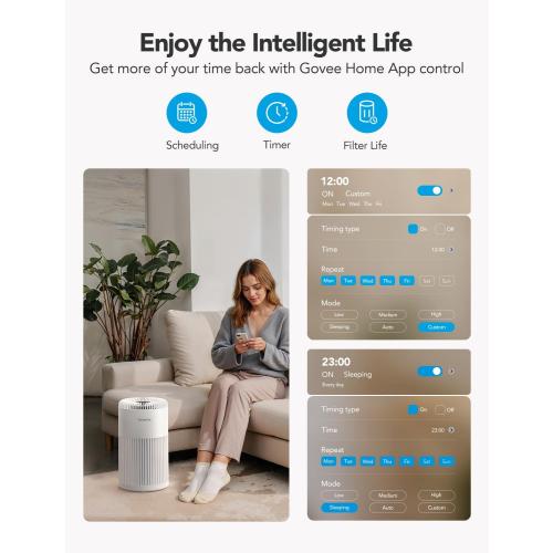 GoveeLife Smart Air Purifier for Home Large Room Up to 1524 sq.ft.with Washable Filter, Integrated PM 2.5 Air Quality Sensor,WiFi, Air Purifier for Smoke, Wildfire, Pet Hair,24dB, White