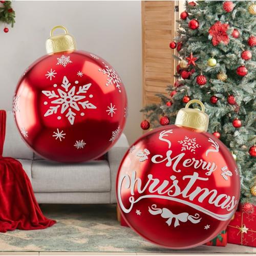 2PCS 24 Inch Christmas Inflatable Ball, PVC Giant Inflatable Ornaments Balls Red Blow up Ornament Balls, Inflatable Christmas Decorations for Outside Holiday Yard Lawn Decor(Merrychristmas Snowflake)