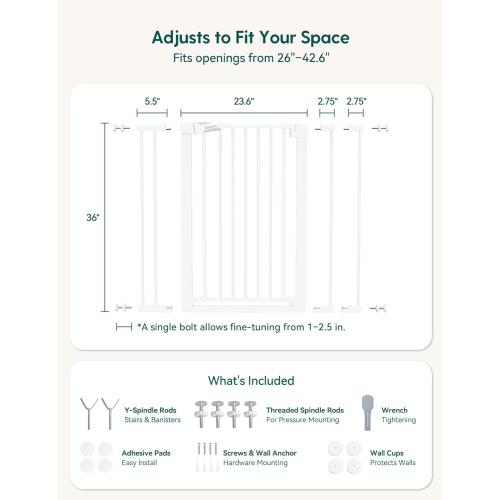 BABELIO 36 Tall Dog Gate PressGuard C5, 26-40 Wide Auto Close Baby Gate, Pressure Mounted Metal Pet Gate, Easy Install No Drilling, No Tools Needed, with Wall Protectors and Extension Kits, White