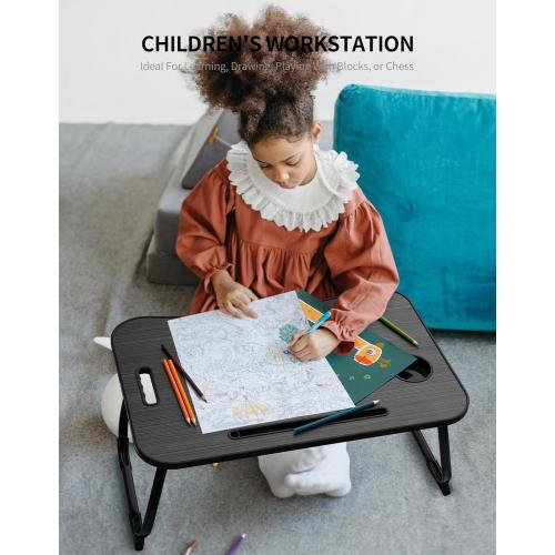 Black Laptop Bed Desk, Foldable Lap Table, Portable Study Table, Laptop Stand with Cup Holder & Tablet Slot & Lifting Handle for Working Writing Drawing & Eating - Black