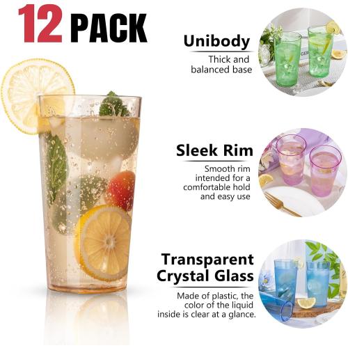 Liacere Color Plastic Drinking Glasses - (Set of 12) 18oz Color Plastic Glasses Colors Reusable，Kitchen Water Glasses Cup, Bar Tumbler Glassware Set for Beer, Juice, Cocktail, Whiskey, Milk