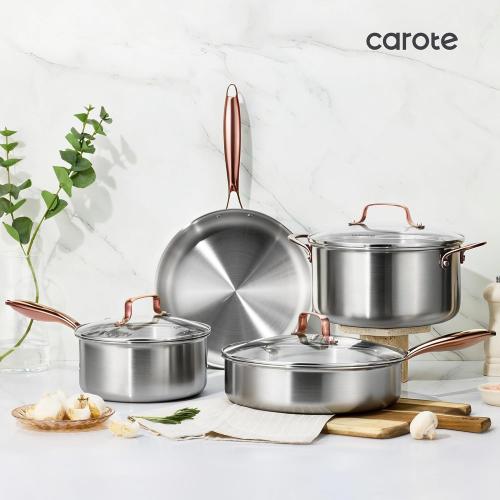 CAROTE 3-Piece Tri-Ply Stainless Steel Frying Pan Set, Skillet Set 8/10/12, Induction Compatible, Oven & Dishwasher Safe, Gold Handle, Mothers Day Gifts