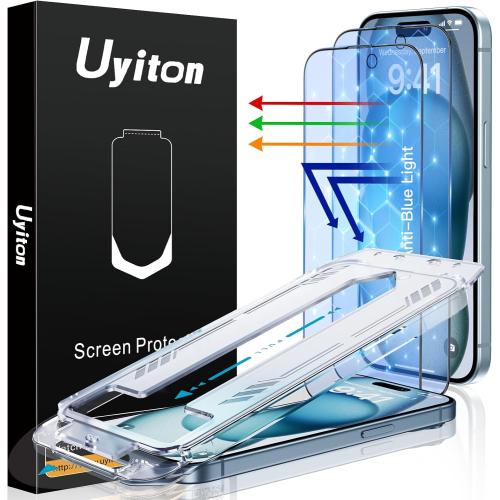 Uyiton Anti-Blue Light for iPhone 15 Screen Protector - Unbreak-Glass Full Coverage Case Friendly Scratch Resistance 9H Tempered Glass Screen Protector for iPhone 15, 2 Pack