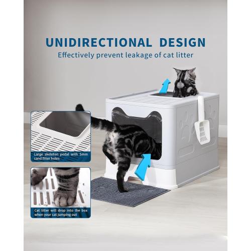 Medario Cat Litter Box with Litter Mat and Scoop, Large Covered Litter Box with Lid, Enclosed Kitty Box, Front Entry Top Exit, Odor Control, Easy to Clean (Grey)