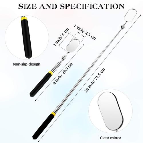 Maitys 2 Pcs Telescoping Inspection Mirrors Extend up to 28 Inch Eyelash Inspection 360 Rotation Adjustable Extension Detachable Telescoping Pocket Mirror for Technician Mechanic Vehicle Small Part