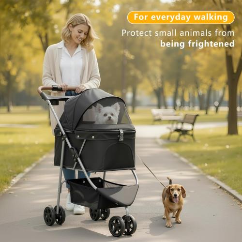 Pet Stroller for Small/Medium Dogs and Cats, Foldable 3 Wheel Jogger,One-Click Fold,Breathable Mesh, Storage Basket,Cup Holder,Weather Cover,(Black)