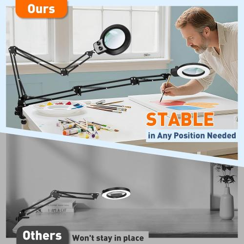 KIRKAS 12X Magnifying Glass with Light and Clamp, Extra-Long Arm Magnifying Lamp Overhead Knob for Workbench Craft Repair Sewing, LED Lighted Magnifier Real Glass Lens Stepless Dimming and Color