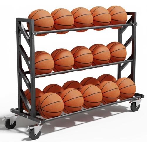 Basketball Racks for Balls, Heavy Duty Ball Cart with Wheels, Basketball Storage 3-Tier 20-Ball Heavy Duty Ball Cart for Gym Garage,Drop Pin for Shooters Preference