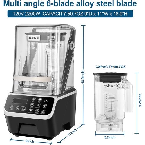 Commercial Blender 2200W 2.1QT 68OZ Quiet Blender Brushless Motors Commercial Smoothies, Frozen Drinks, Self-Cleaning Silver Grey