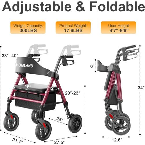 HOMLAND Walkers for Seniors with Seat, Foldable Rollator Walker, Reinforced Aluminum Frame, 8 Big Rubber Wheels for All Terrain, Height Adjustable Lightweight Rolling Walker