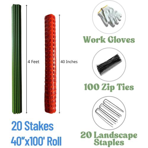 PotatoLife Plastic Fence Extra Strength with Stakes, 40'' x 100' Roll (Orange, 40'' x 100')