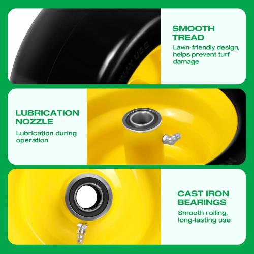 11x6.00-5 Flat Free Lawn Mower Tire Wheels; 2 Packs Smooth Tread Puncture-proof Tire for Lawnmowers, Replacement 3/4 & 4 Pcs 5/8 Bearing with 24 Spacers for Zero Turn Mowers 、Garden Tractors Carts