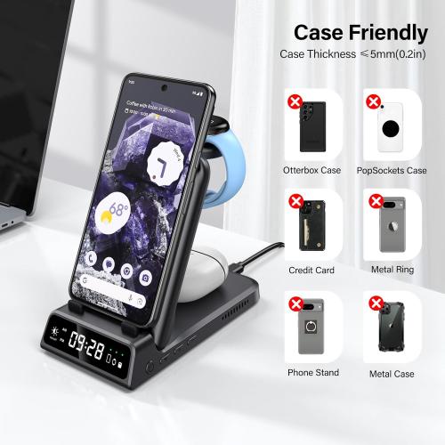 Wireless Charger Stand for Pixel Watch 3/2, 3 in 1 Charging Station for Google Pixel 9a/9 Pro/9/8/7/6/5/4/Samsung/iPhone, Pixel Buds Pro 2, SwanScout 703G2 (No Adapter), (Not for Pixel Watch 4/1)