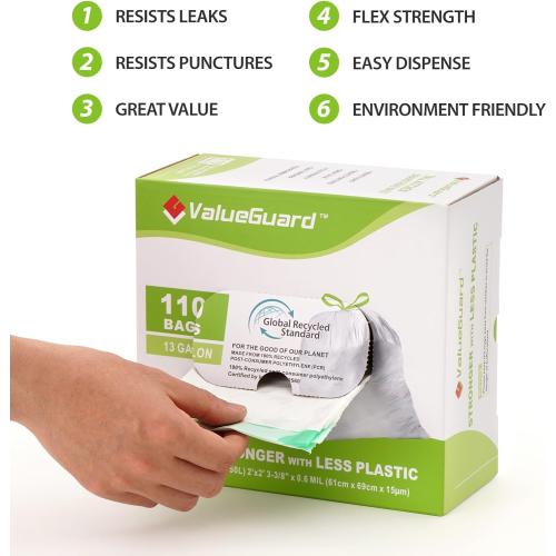 ValueGuard Large Trash Bags 13 Gallon Tall Kitchen Drawstring 100% Post-Consumer Recycled Garbage Bags Waste Bag for Office 0.6 Mil (110 Count)