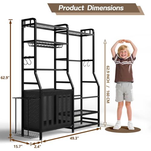Faesun Garage Sports Equipment Organizer, Golf Bag Storage Rack, Heavy Duty Ball Holder with Basket & Hooks, Indoor/Outdoor Basketball Storage Bins for Toy Sports Gear Storage
