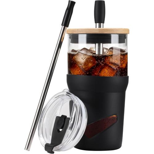 Glass Tumbler with Lids and Straws, 20 oz Iced Coffee Cup and Smoothie Cup with Bamboo Lid and On the go Lid,Glass Cups With Straws