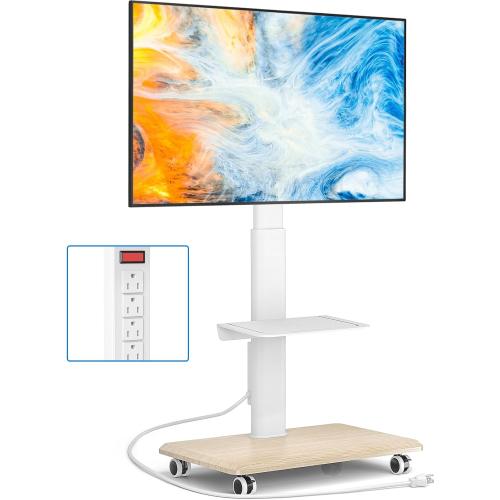 Rfiver Sleek Rolling TV Stand with Power Outlet for Home Decor, Height Adjustable Portable TV Stand on Wheels for 32-70 Inch TVs, Strong Tall Mobile TV Cart with Mount Up to 88 lbs, White
