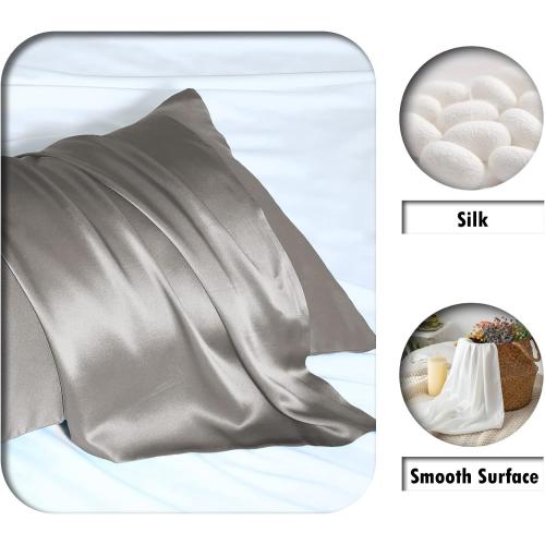 Mulberry Silk Pillowcase for Hair and Skin Pillow Case with Hidden Zipper Soft Breathable Smooth Cooling Silk Pillow Covers for Sleeping (Gray, King,1Pcs)