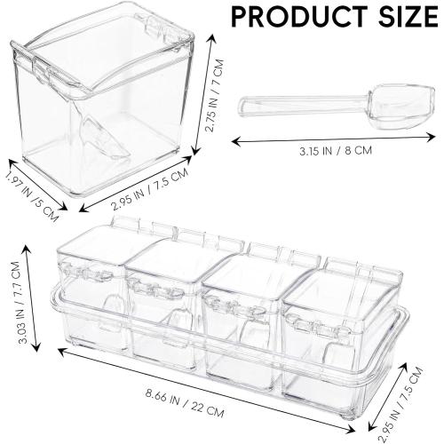 Clear Seasoning Box, 4 Pieces Seasoning Rack Spice Pots, Storage Container Condiment Jars Acrylic Seasoning Box with Covers and Spoons for Spice, Sugar, Salt, Sugar, Cardamon, Cinnamon