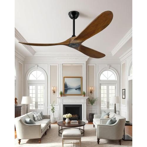 52 Inch Ceiling Fan no Light, Outdoor Ceiling Fans Without Lights for Patios, 3 Blade Solid Wooden Propeller Modern Ceiling Fan with Remote Control for Farmhouse Living Room Bedroom Dark Walnut