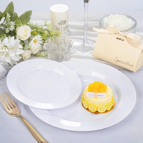 FLOWERCAT 200PCS White Plastic Plates Disposable Plates for Party - Heavy Duty Plastic Plates - 100 10 Dinner Plates and 100 7 Salad Plates for Weddings, Easter Parties and Events