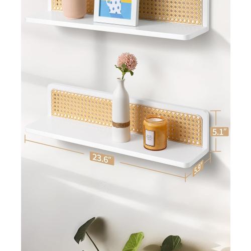 Rattan Wall Shelf 24inch Set of 2, Handmade White Floating Shelves Boho Wall Decor, Rustic Wood Wall Mounted Storage Shelves for Living Room Nursery Bedroom
