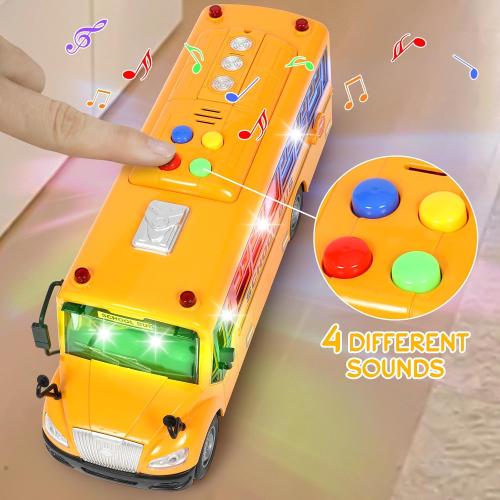 Yellow School Bus Toys for Toddlers 1-3 with 4 Different Flashing Lights & Sound, Back and Side Doors Open Friction-Powered Wheels Light Up Toy Buses Birthday Gift 2 3 4 Year Old and Up Girl Boy Toys
