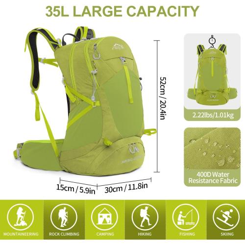 Hiking Backpack,35L Waterproof Hiking Daypack with 3L Water Bladder and Rain Cover, Lightweight Travel Camping Backpack for Men Women (Fruit green)