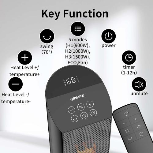 Space Heater for Indoor Use with Remote - 70° Oscillating Tower Electric Heater, 24 Inchs, 12H Timer, 1500W Quiet PTC Ceramic Heating with Thermostat, Fast Safety Heat for Office, Home, Bedroom