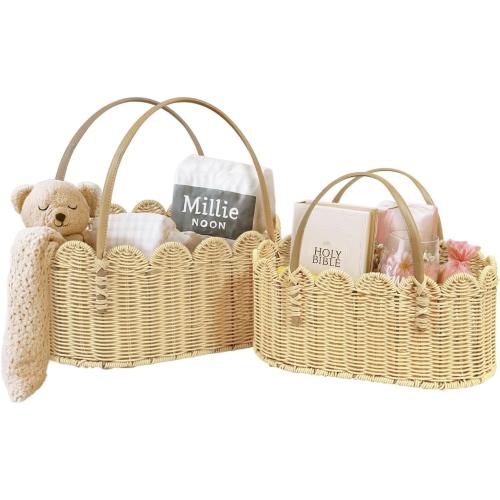 Rattan Picnic Basket with Handle, Wicker Picnic Basket with Scalloped Edge, Garden Harvest Basket, Woven Baskets for Vegetable & Fruit, 2 Pack