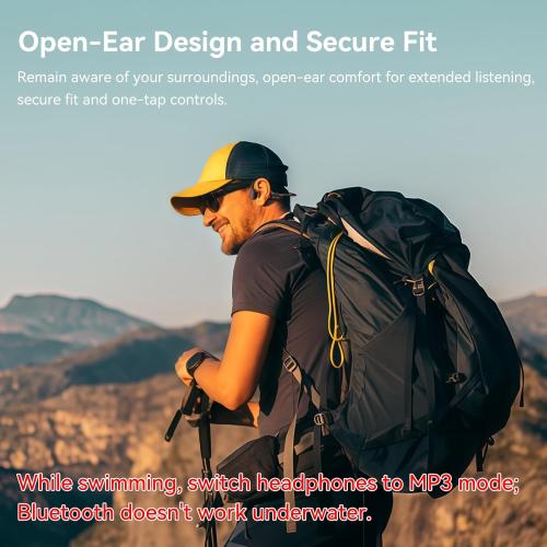Swimming Headphones IP68 Waterproof, Open Ear Bone Conduction Underwater Headphones Bluetooth 5.4& MP3 with 32GB Memory Card, Soft/Skin/Lightweight Sound Swim Earbuds-SurfAudio(Black)