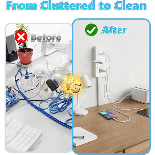 Electrical Outlet Extender - Features USB-A, USB-C and 2 AC Outlets, Free Assembly Extends 18-28, Rotates 180°, Plug Extension Outlet Use Behind Sofas, Nightstands, Desks, Office (White)