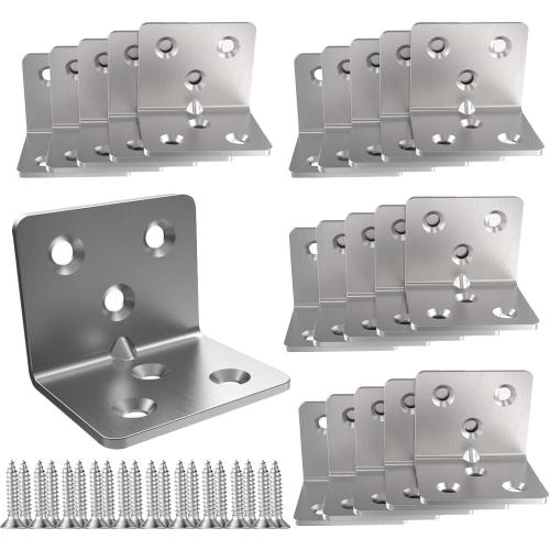 Silver Stainless Steel Corner Bracket,Joint Right Angle Bracket,L Shape Heavy Duty Metal Corner Brace Shelf Supporter for Wood Aufuga (20, 1.5x1.2x1.2)