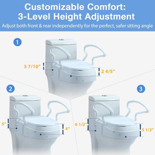 Raised Toilet Seat Risers for Seniors, Elevated Toilet Seat with Handles, 3-Level Height Adjustable, Support up to 300 Lbs
