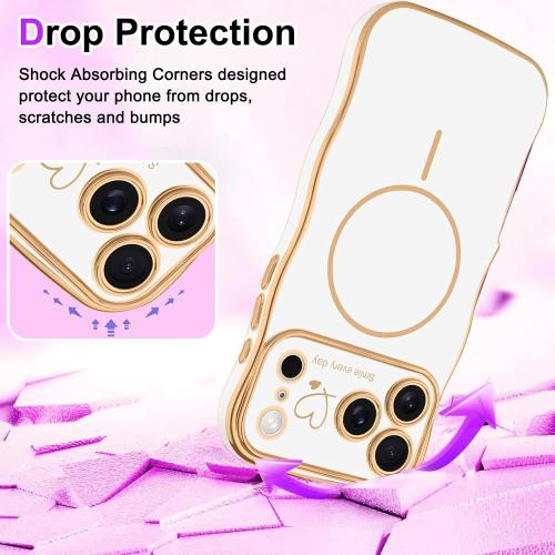 Fiyart Designed for iPhone 17 Pro Max Case 2025, Cute Wave Frame Curly Shape Love Hearts Plating for Women Girls Camera Protection Compatible with MagSafe Magnetic Shockproof Bumper 6.9-White