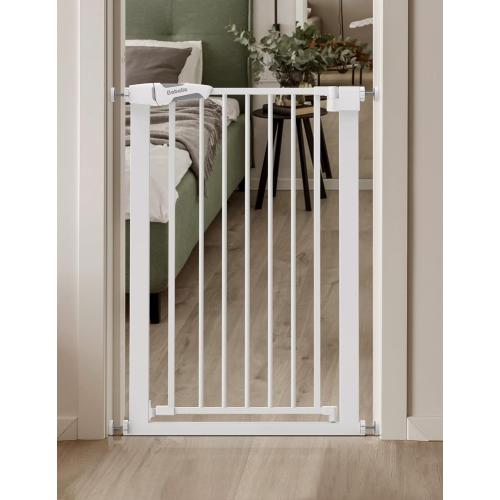 BABELIO 36 Tall Narrow Baby Gate, 26-28.5 Wide Auto-Close Metal Pet Gate for Small Stairs/Doorways/Hallways, Pressure/Hardware Mounted for Child and Pets, NO Extensions, White