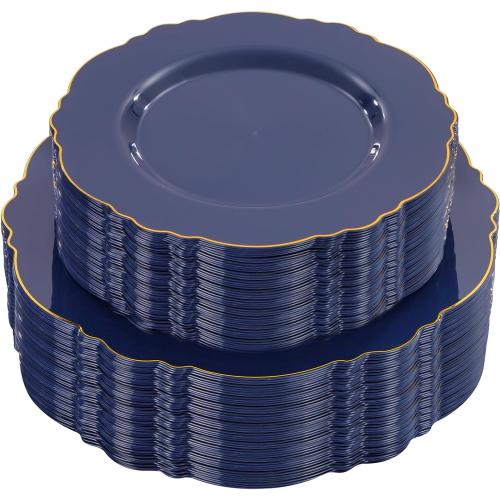 WDF 100pcs Blue Plastic Plates - Baroque Blue&Gold Disposable Plates for Parties/Wedding-50Plastic Dinner Plates 10.25in, 50Salad Plates 7.5in for Party/Birthday/Wedding/Passover