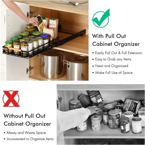 KES Pull Out Cabinet Organizer, 12 Wide Kitchen Bathroom Cabinet Drawer Heavy Duty Under Cabinet Slide Out Organizer Storage Shelves, Wooden Handle with Soft Close Black, KPO501W30D53-BK