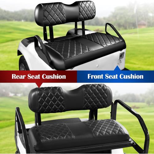 NOKINS 4PCS Golf Cart ET Diamond Seat Covers Kit,Front and Rear Seat Covers for EZGO TXT 1994-2013 Original Regular Seat Cushion, No Stapler, Golf Cart Vinyl Replacement Seat Cover,Black Stitching